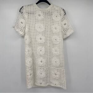 ENGLISH FACTORY WOMEN'S WHITE LATTICE LACE ROSETTE MINI SHIFT DRESS SIZE SMALL